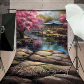 Aperturee - Aperturee Japanese Spring Garden Lake Cabin Sweep Backdrop